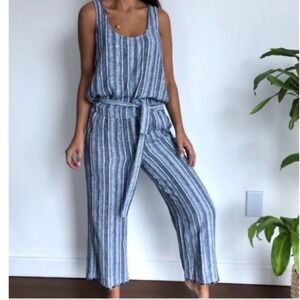 Cloth & Stone Striped Linen Blend Wide Leg Jumpsuit Belted Cropped Open Back L